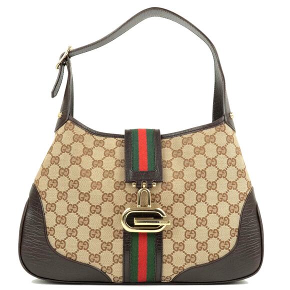 Authentic GUCCI GG Jackie Sherry Web Canvas Handbag Shoulder Bag Charm Ophidia - Picture 1 of 16